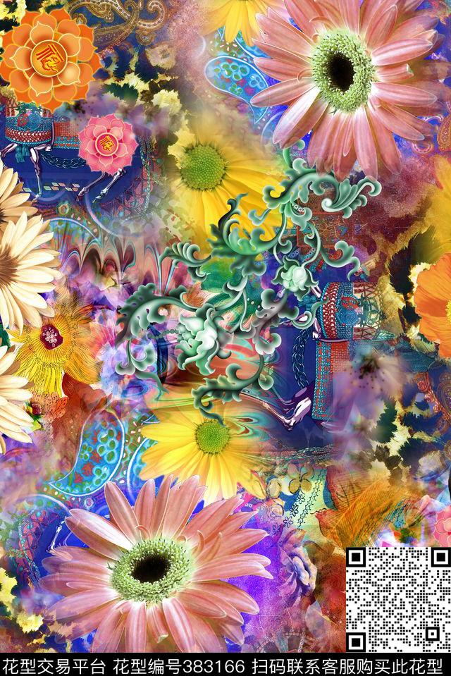 抽象花卉数码印花华亿平台下载（图片编号: 383166） - 瓦栏（Walan）