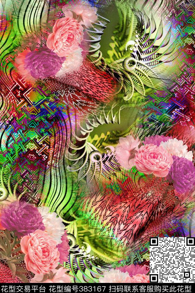 抽象花卉几何肌理数码印花华亿平台下载（图片编号: 383167） - 瓦栏（Walan）