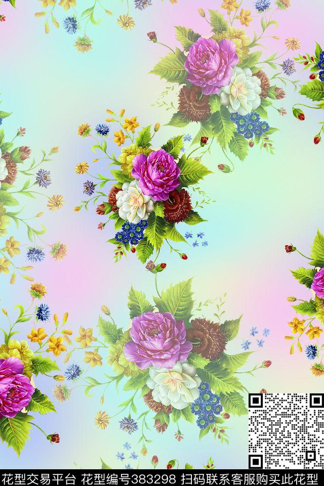 云纹花卉类组合春夏数码印花华亿平台下载（图片编号: 383298） - 瓦栏（Walan）