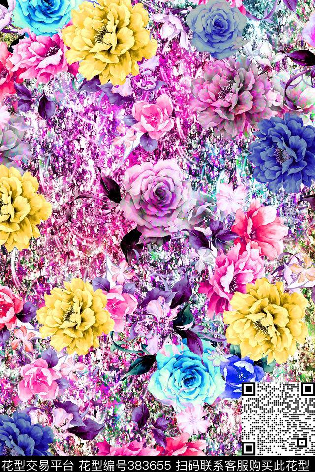 花卉机理花卉组合数码印花华亿平台下载（图片编号: 383655） - 瓦栏（Walan）