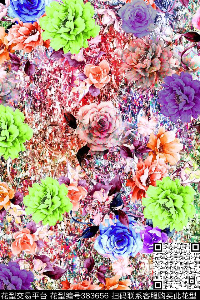 花卉机理花卉组合数码印花华亿平台下载（图片编号: 383656） - 瓦栏（Walan）