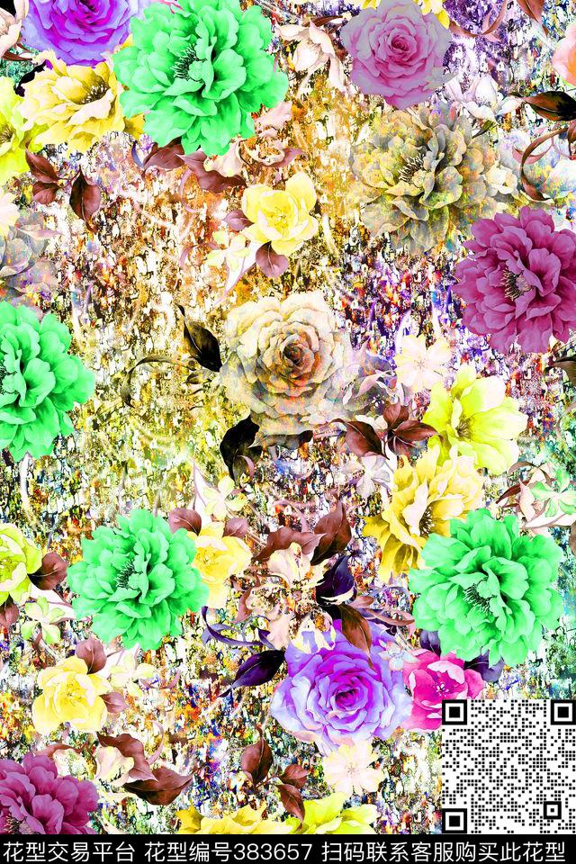 花卉机理花卉组合数码印花华亿平台下载（图片编号: 383657） - 瓦栏（Walan）