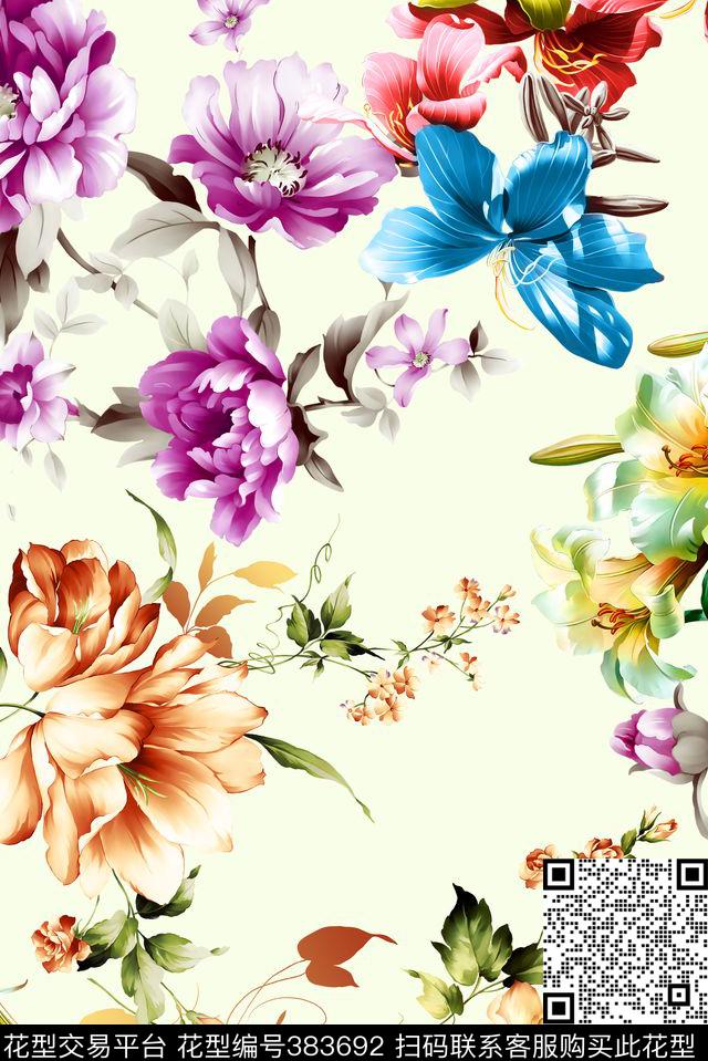 手绘大花绘组合花卉数码印花华亿平台下载（图片编号: 383692） - 瓦栏（Walan）