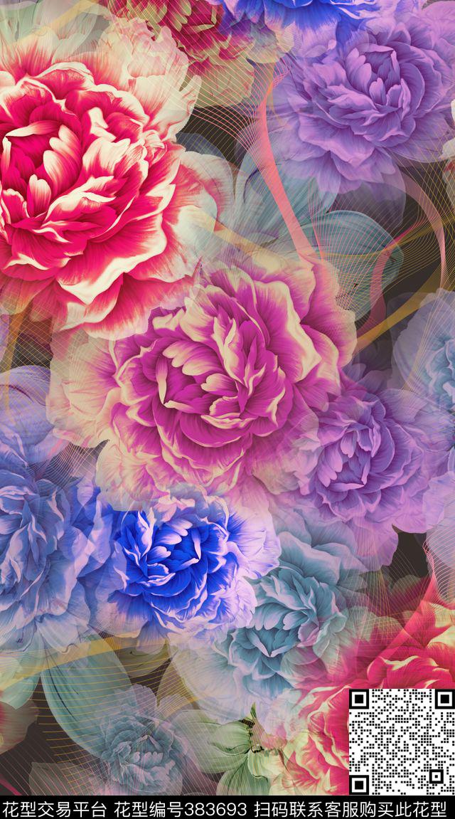 花卉服装线条数码印花华亿平台下载（图片编号: 383693） - 瓦栏（Walan）