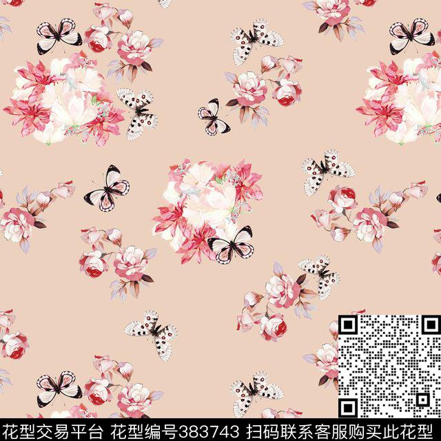 清新花卉蝴蝶数码印花华亿平台下载（图片编号: 383743） - 瓦栏（Walan）