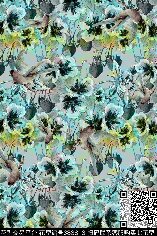 手绘休闲雀鸟数码印花华亿平台下载（图片编号: 383813） - 瓦栏（Walan）