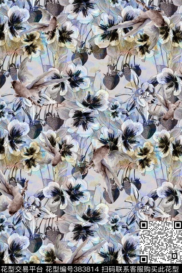 手绘休闲雀鸟数码印花华亿平台下载（图片编号: 383814） - 瓦栏（Walan）