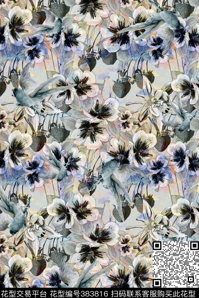 手绘休闲雀鸟数码印花华亿平台下载（图片编号: 383816） - 瓦栏（Walan）