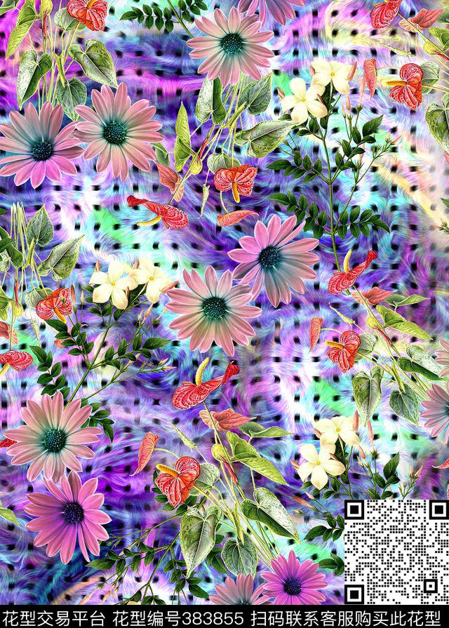 抽象花卉几何肌理数码印花华亿平台下载（图片编号: 383855） - 瓦栏（Walan）
