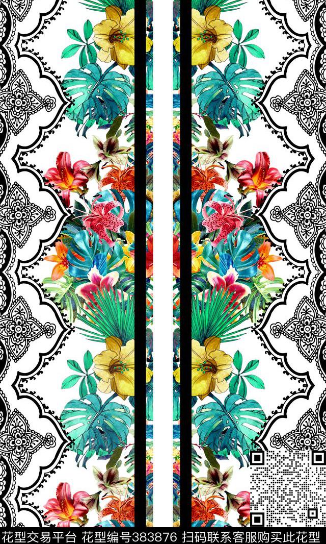 水彩花卉黑白线条花纹简约时尚数码印花华亿平台下载（图片编号: 383876） - 瓦栏（Walan）