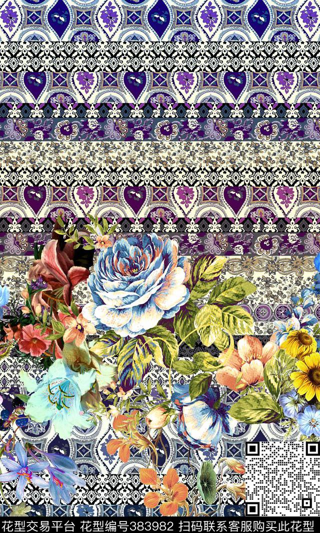 时尚条纹花卉数码印花华亿平台下载（图片编号: 383982） - 瓦栏（Walan）
