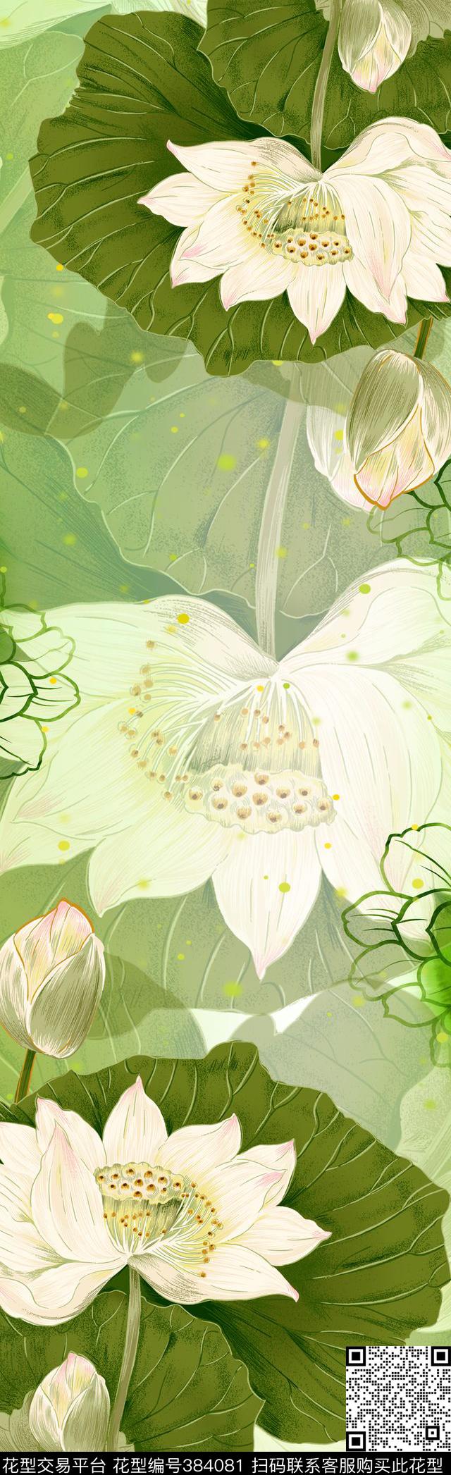 荷花中国风长巾数码印花华亿平台下载（图片编号: 384081） - 瓦栏（Walan）