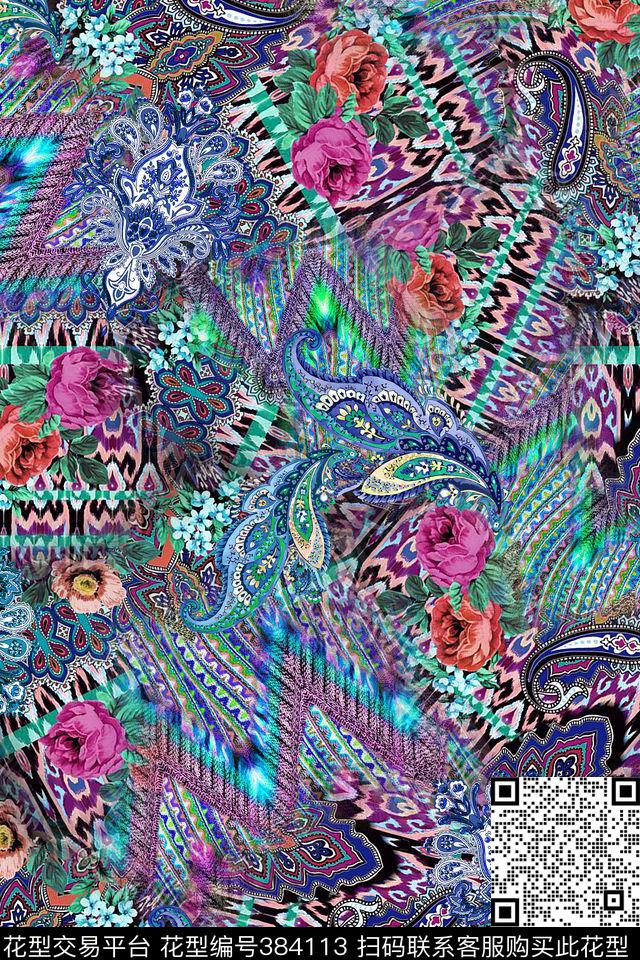 民族风几何花卉数码印花华亿平台下载（图片编号: 384113） - 瓦栏（Walan）