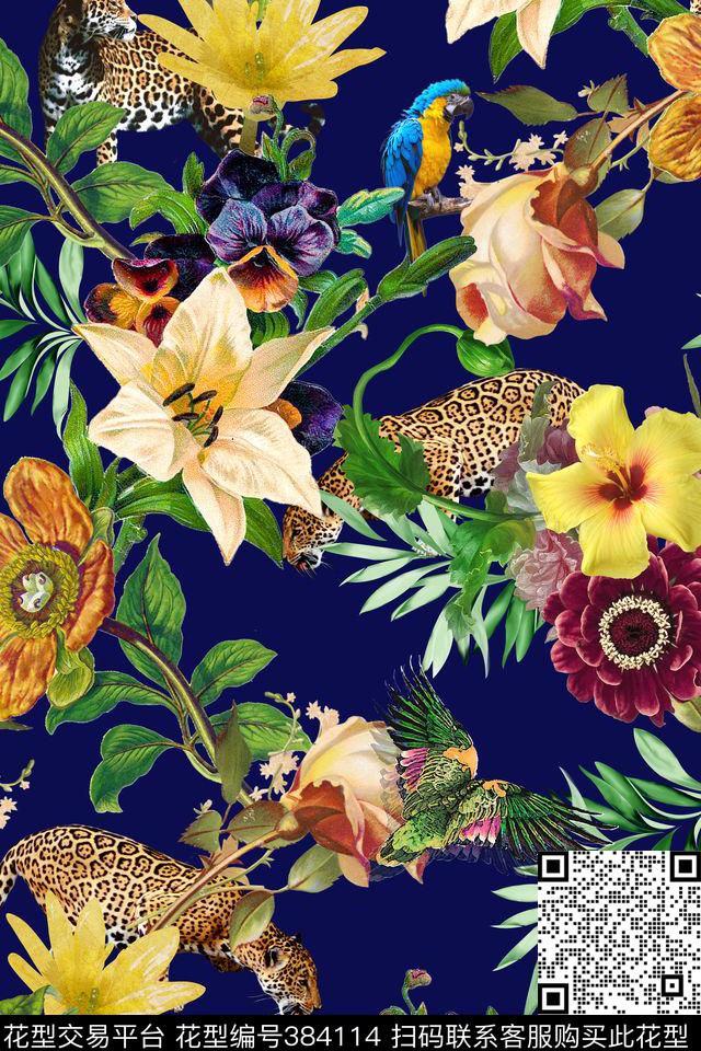 热带风豹纹鹦鹉数码印花华亿平台下载（图片编号: 384114） - 瓦栏（Walan）