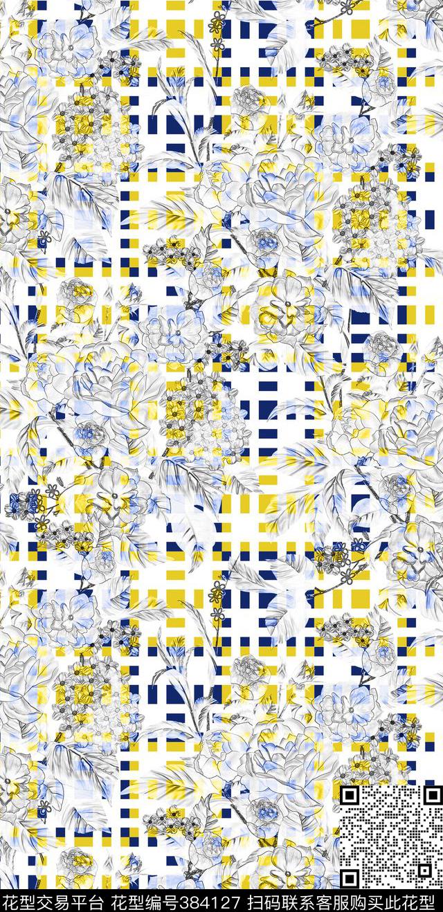 清新格子花卉数码印花华亿平台下载（图片编号: 384127） - 瓦栏（Walan）