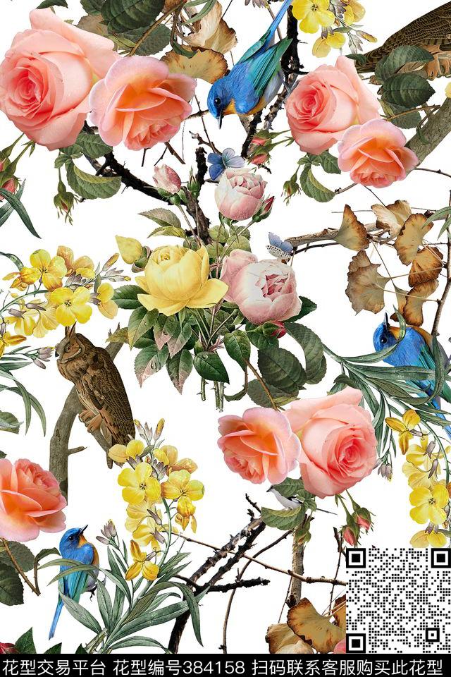 写意花卉树枝小鸟数码印花华亿平台下载（图片编号: 384158） - 瓦栏（Walan）
