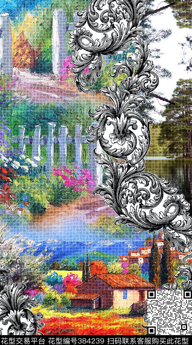 定位抽象巴洛克风景巴洛克卷草、风景数码印花华亿平台下载（图片编号: 384239） - 瓦栏（Walan）