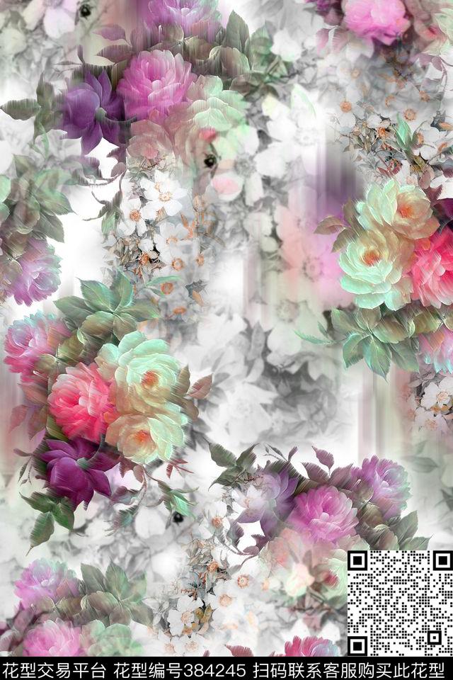 模糊效果花卉手绘花卉数码印花华亿平台下载（图片编号: 384245） - 瓦栏（Walan）