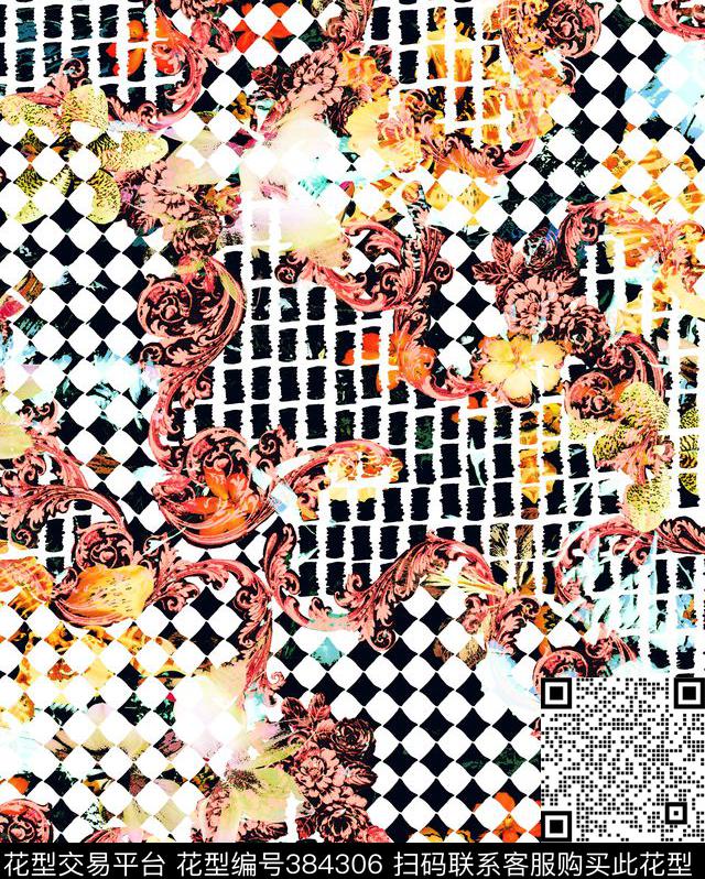 格纹乱花数码印花华亿平台下载（图片编号: 384306） - 瓦栏（Walan）