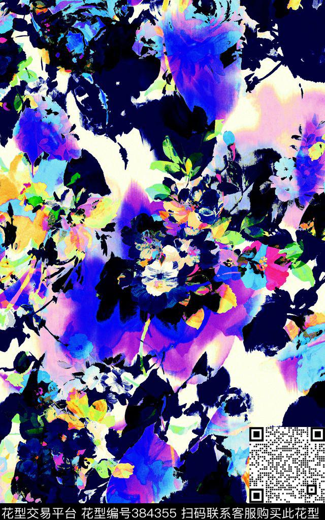艺术笔触花卉数码印花华亿平台下载（图片编号: 384355） - 瓦栏（Walan）