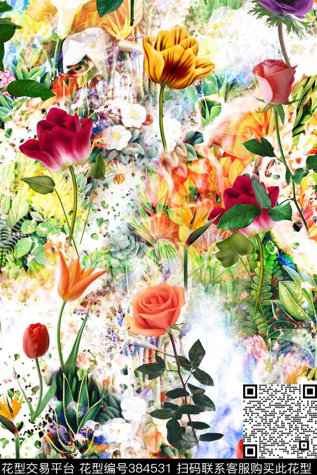 数码花女装花卉花卉组合数码印花华亿平台下载（图片编号: 384531） - 瓦栏（Walan）
