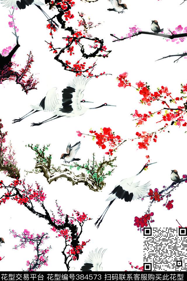 中国风梅花仙鹤古典中国风数码印花华亿平台下载（图片编号: 384573） - 瓦栏（Walan）