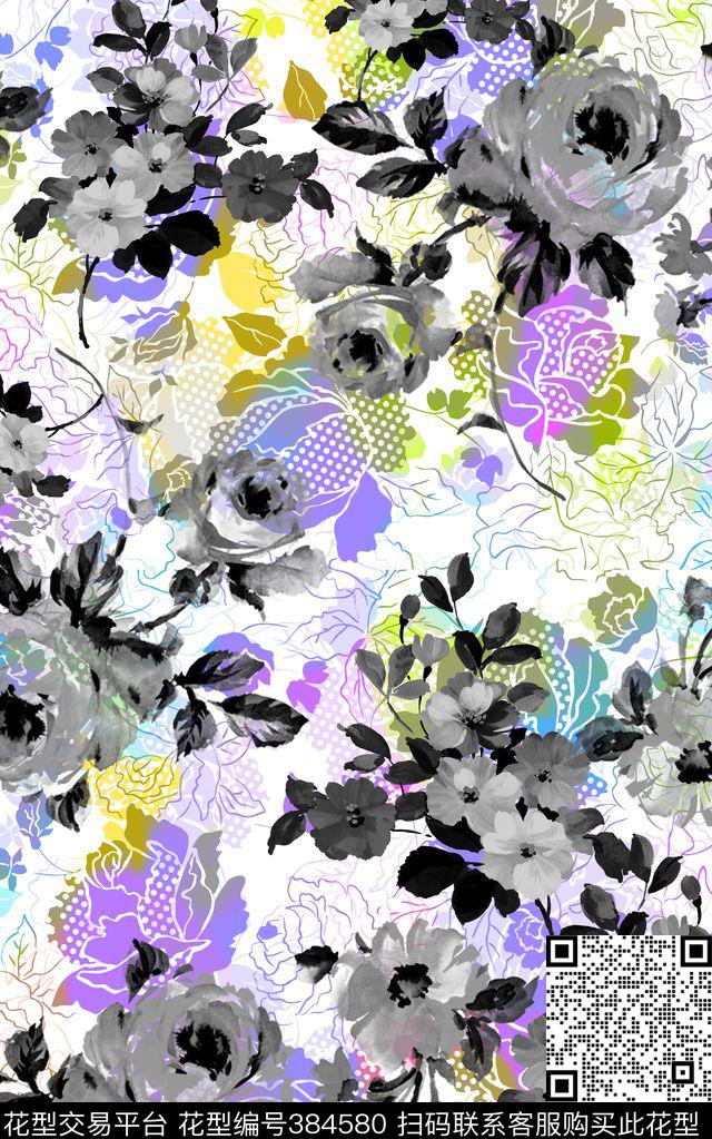 中国风黑白玫瑰数码印花华亿平台下载（图片编号: 384580） - 瓦栏（Walan）