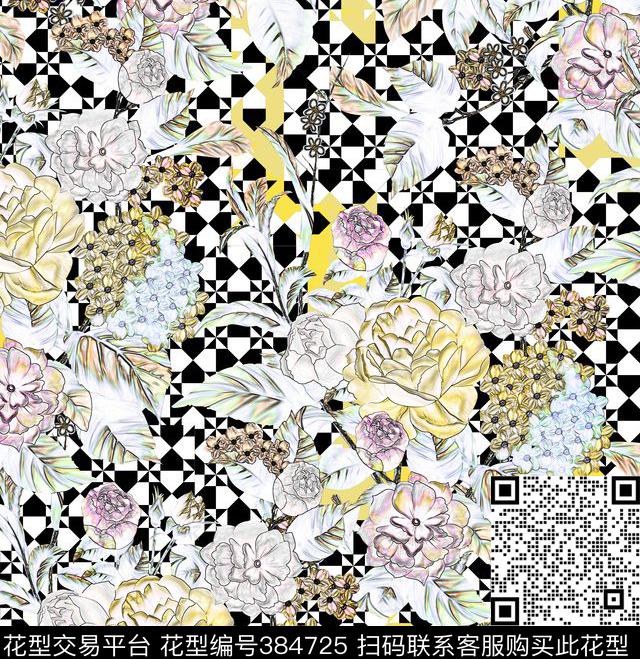几何绘花卉格子数码印花华亿平台下载（图片编号: 384725） - 瓦栏（Walan）