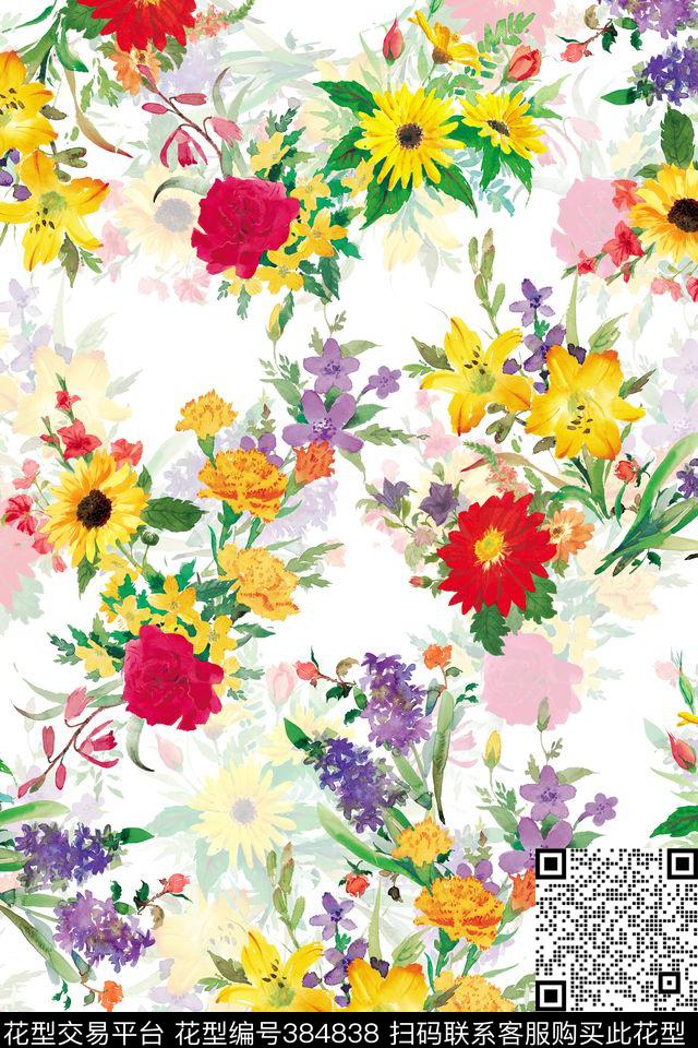 花卉雏菊玫瑰传统印花华亿平台下载（图片编号: 384838） - 瓦栏（Walan）