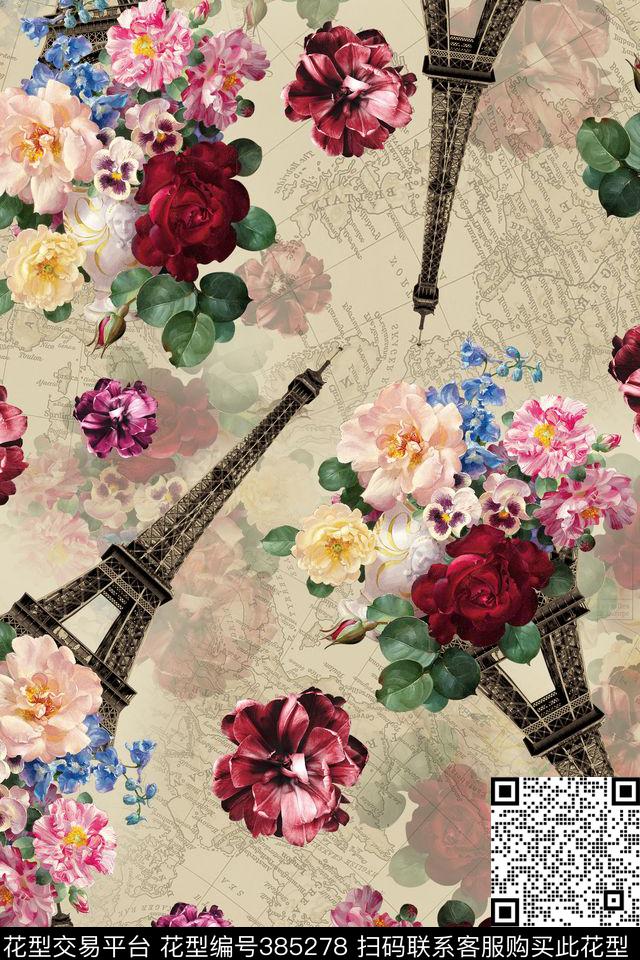 欧式古典花卉埃菲尔铁塔数码印花华亿平台下载（图片编号: 385278） - 瓦栏（Walan）