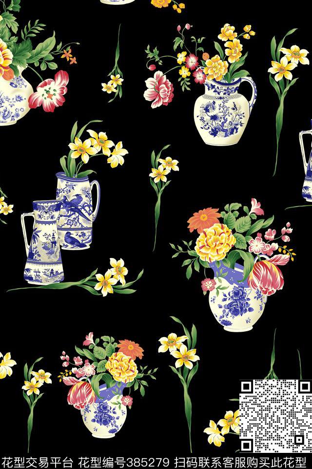 中国风手绘青花瓷花卉数码印花华亿平台下载（图片编号: 385279） - 瓦栏（Walan）