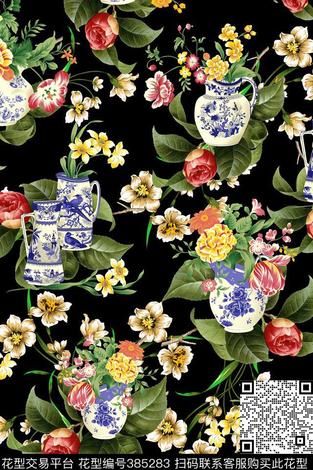 中国风青花瓷花瓶花卉数码印花华亿平台下载（图片编号: 385283） - 瓦栏（Walan）