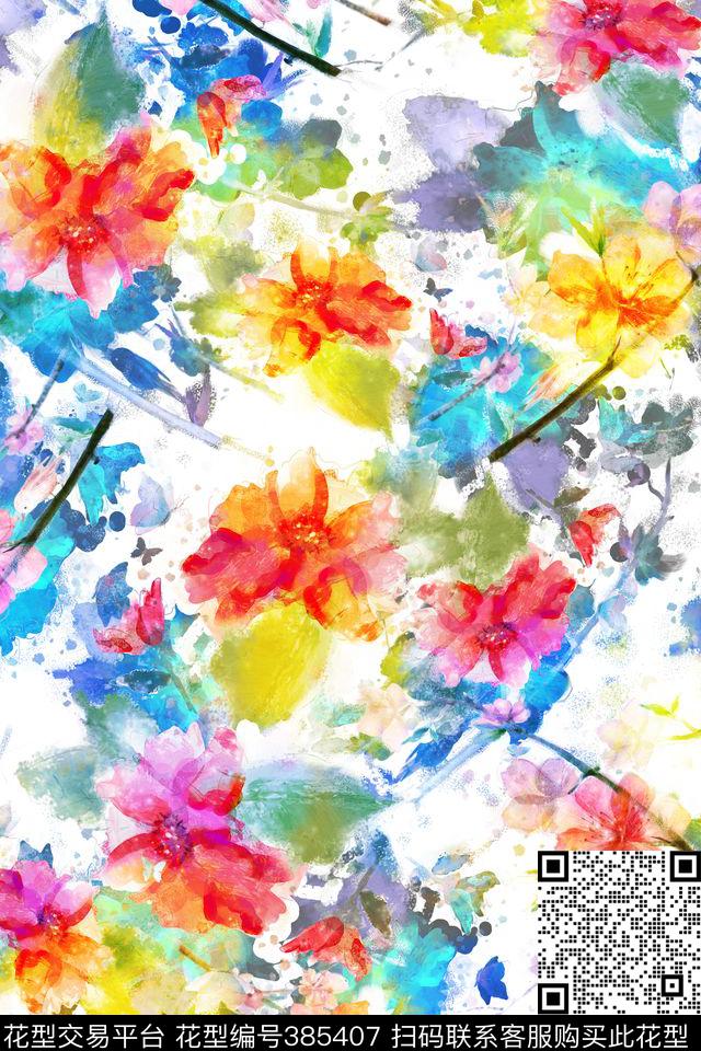 白底女装水彩花卉数码印花华亿平台下载（图片编号: 385407） - 瓦栏（Walan）