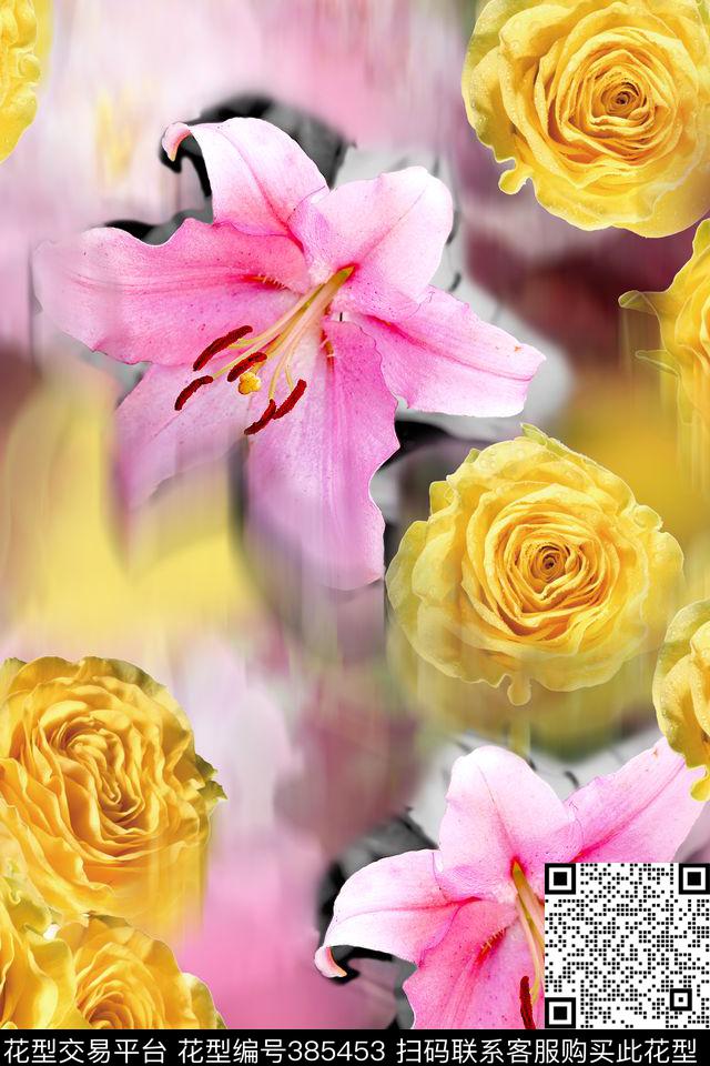 清新浪漫朦胧百合玫瑰花卉数码印花华亿平台下载（图片编号: 385453） - 瓦栏（Walan）