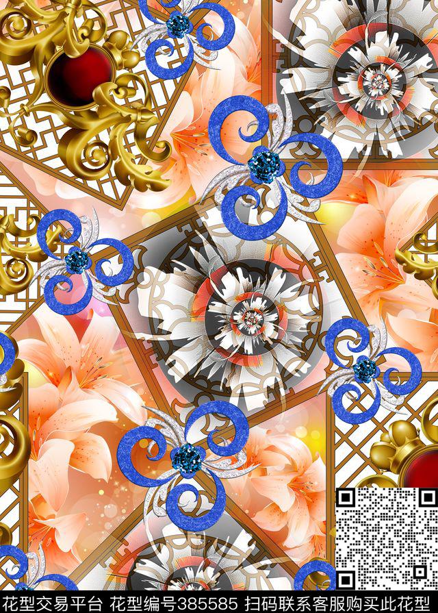 写意花卉几何肌理数码印花华亿平台下载（图片编号: 385585） - 瓦栏（Walan）