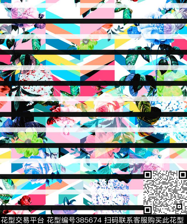 花卉组合条纹几何图形数码印花华亿平台下载（图片编号: 385674） - 瓦栏（Walan）