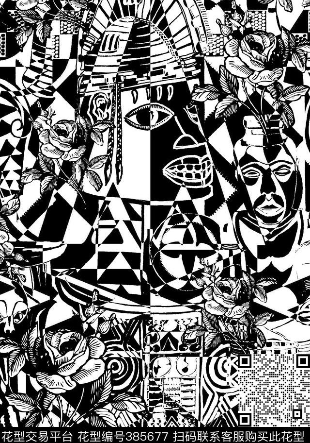 黑白几何部落民族传统印花华亿平台下载（图片编号: 385677） - 瓦栏（Walan）