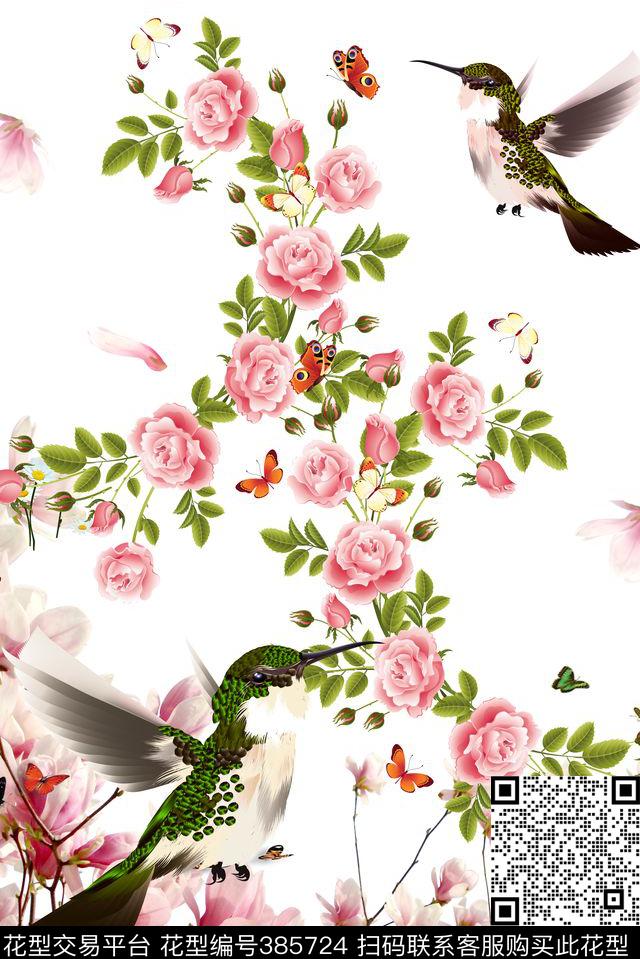 中国风鸟戏桃花定位女装数码印花华亿平台下载（图片编号: 385724） - 瓦栏（Walan）