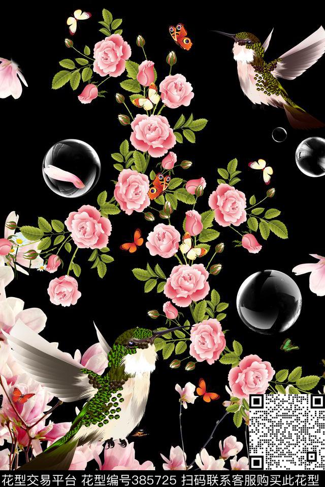 鸟戏桃花中国风定位女装数码印花华亿平台下载（图片编号: 385725） - 瓦栏（Walan）