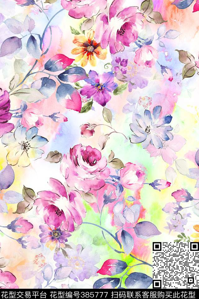 水彩手绘花卉。水彩基底数码印花华亿平台下载（图片编号: 385777） - 瓦栏（Walan）