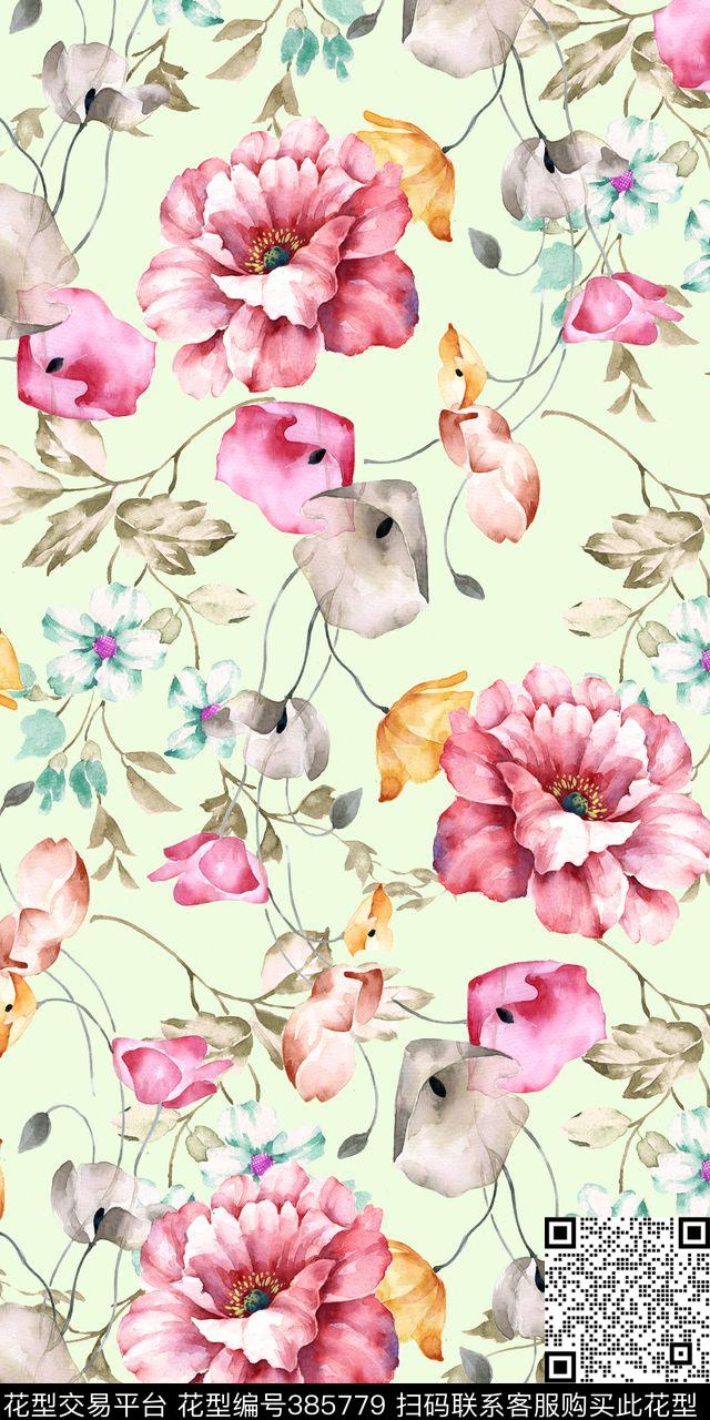 水彩手绘花卉数码印花华亿平台下载（图片编号: 385779） - 瓦栏（Walan）