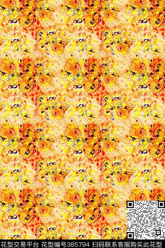 抽象红黄蓝花卉组合传统印花华亿平台下载（图片编号: 385794） - 瓦栏（Walan）