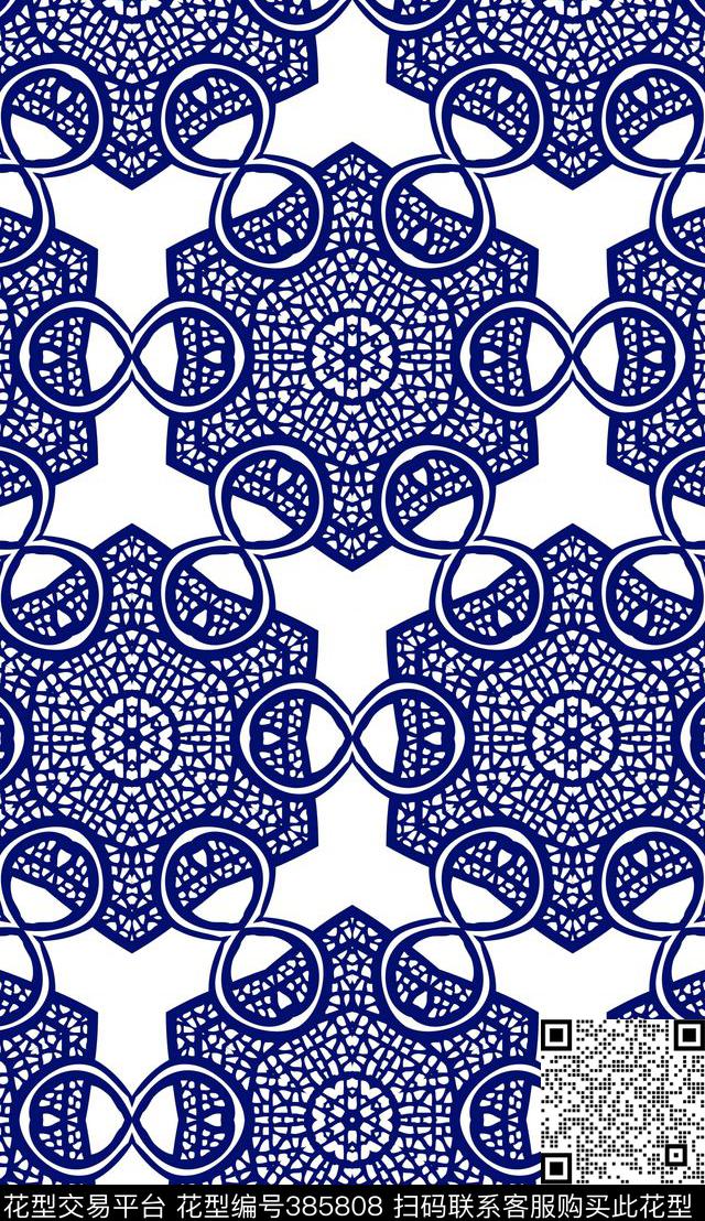 靛蓝蕾丝几何传统印花华亿平台下载（图片编号: 385808） - 瓦栏（Walan）