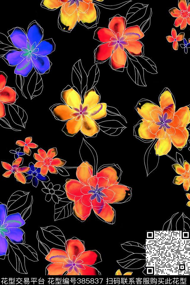 大牌风格黑底花卉传统印花华亿平台下载（图片编号: 385837） - 瓦栏（Walan）