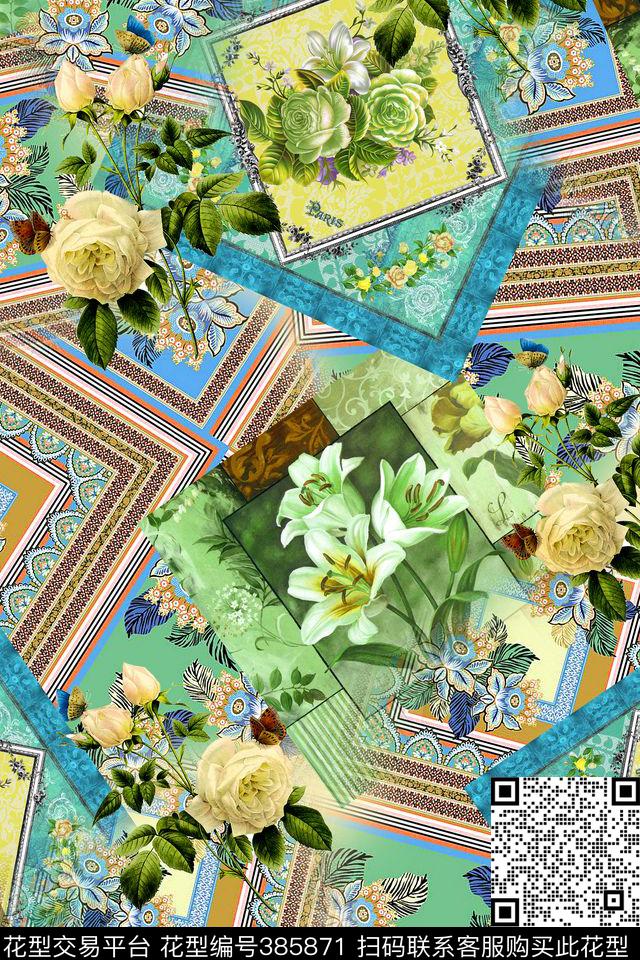 抽象几何花卉数码印花华亿平台下载（图片编号: 385871） - 瓦栏（Walan）