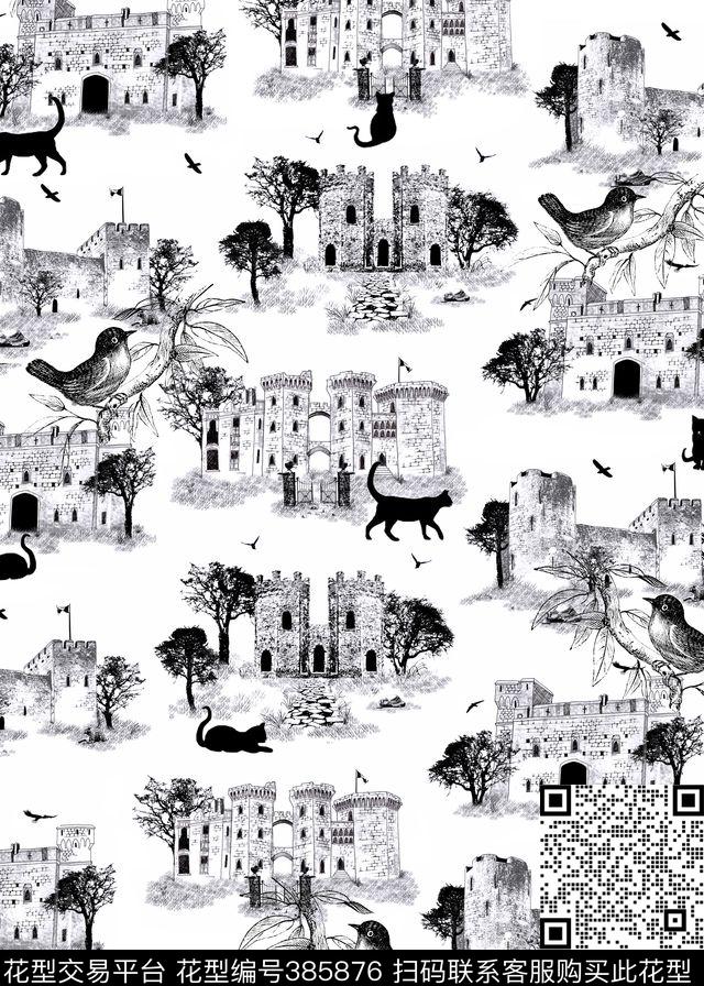 古堡城堡朱伊图案传统印花华亿平台下载（图片编号: 385876） - 瓦栏（Walan）