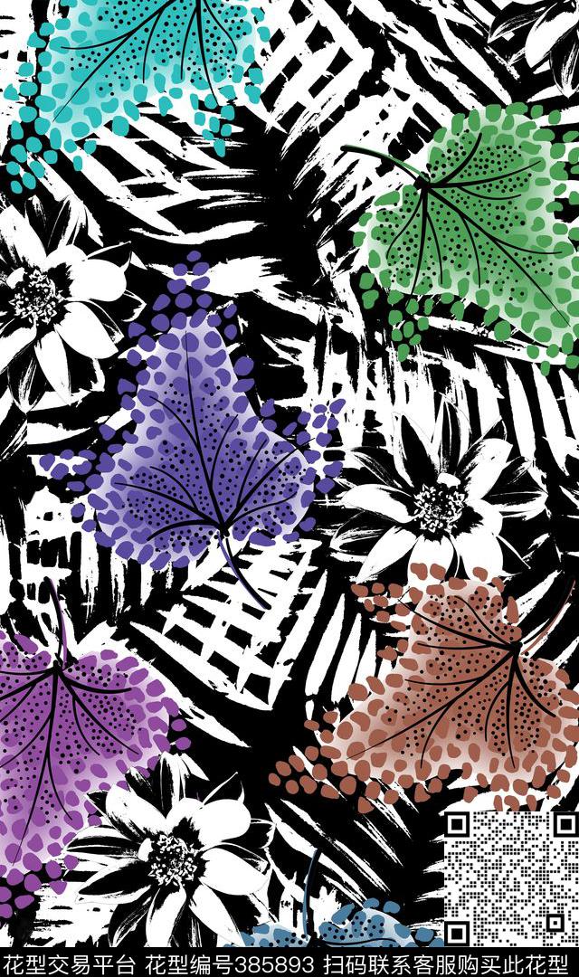棕榈枫叶花卉传统印花华亿平台下载（图片编号: 385893） - 瓦栏（Walan）
