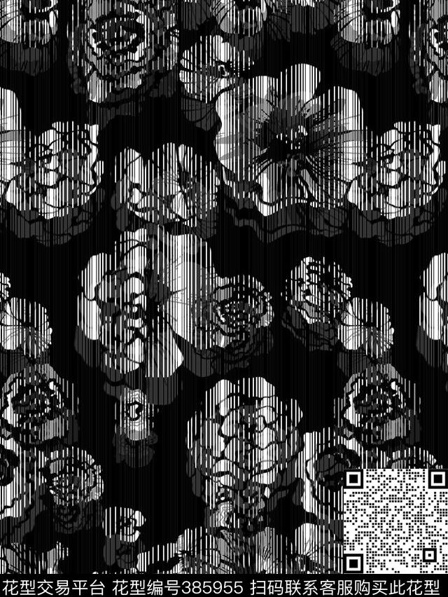 花卉线条错位现代简约黑白传统印花华亿平台下载（图片编号: 385955） - 瓦栏（Walan）