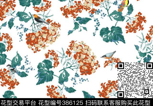 花卉小鸟簇花传统印花华亿平台下载（图片编号: 386125） - 瓦栏（Walan）