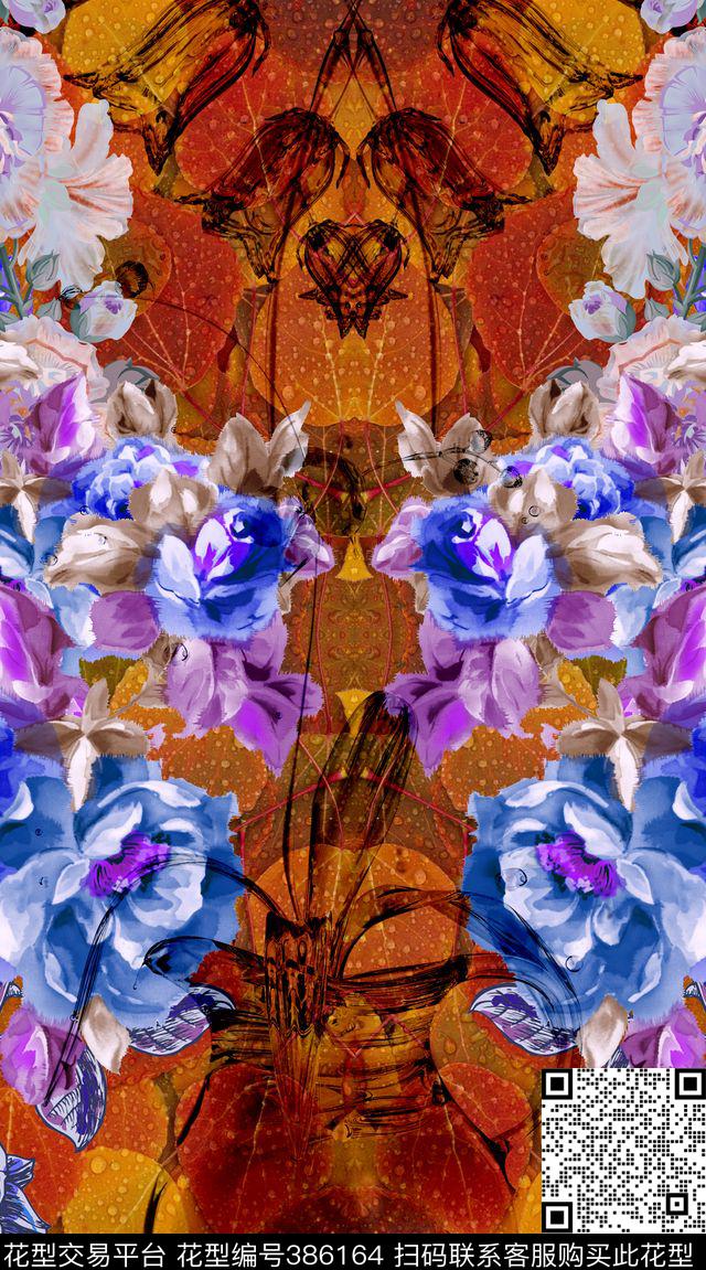 花卉树叶对称数码印花华亿平台下载（图片编号: 386164） - 瓦栏（Walan）